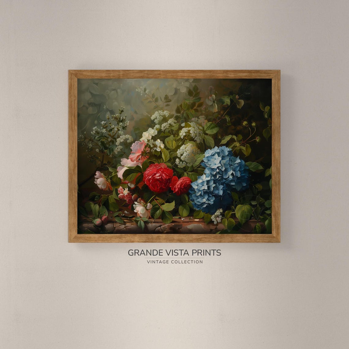 Red Roses Blue Hydrangea White Blossoms Moody Still Life Floral Poster - Image 4