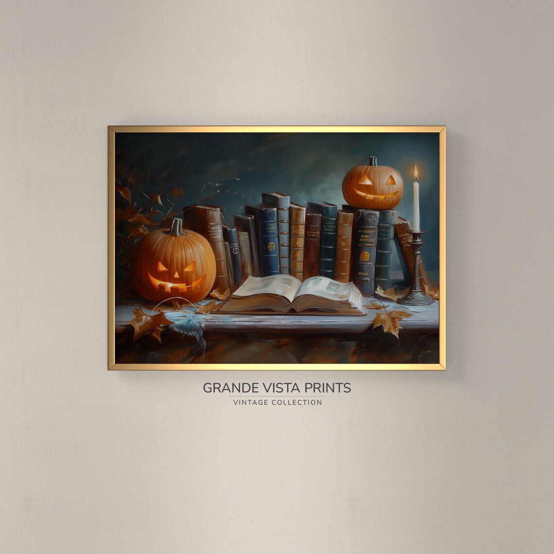 Jack O Lanterns With Vintage Library Books Cozy Halloween Art Poster