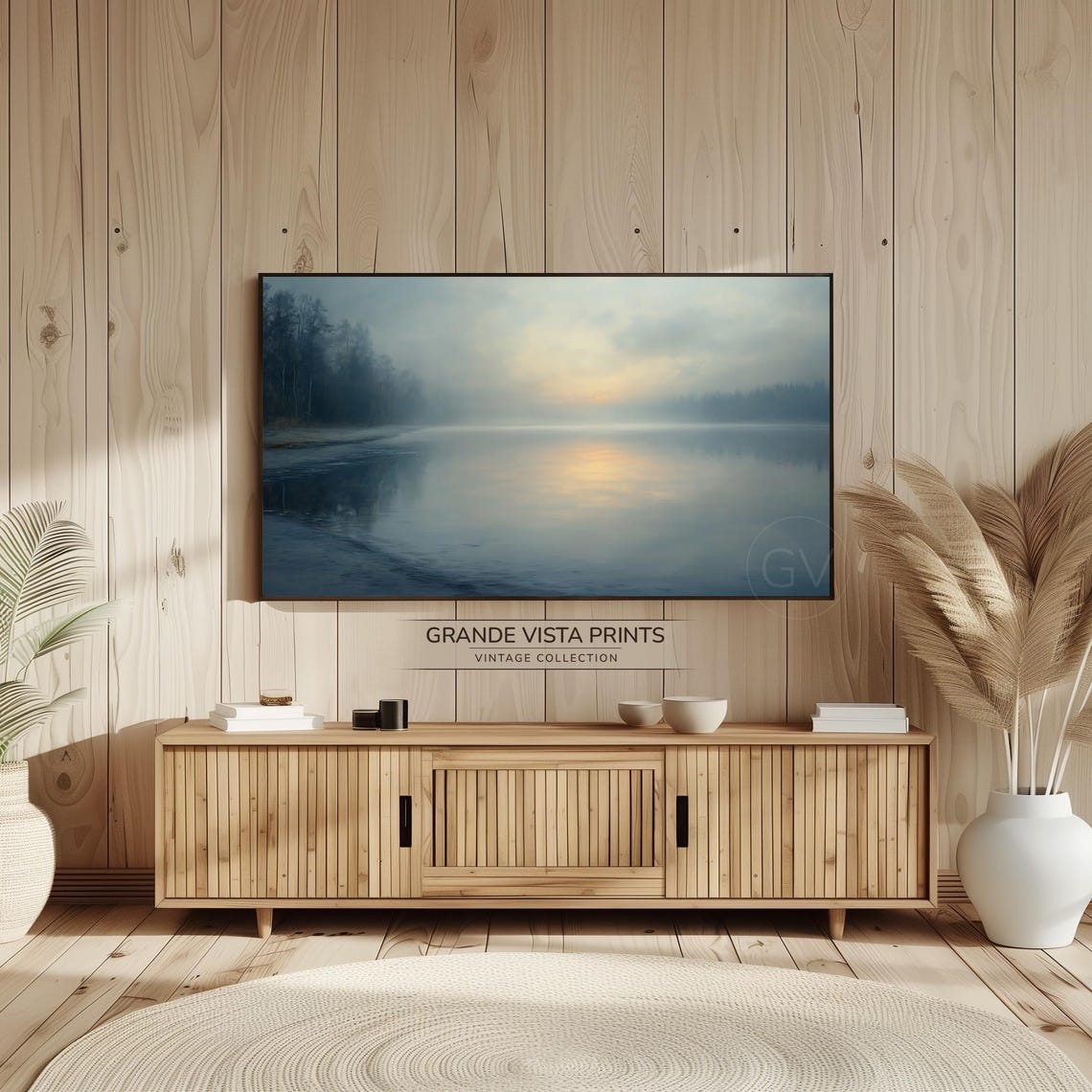 Misty Lake Sunrise Golden Reflection Foggy Shore Painting Poster - Image 2