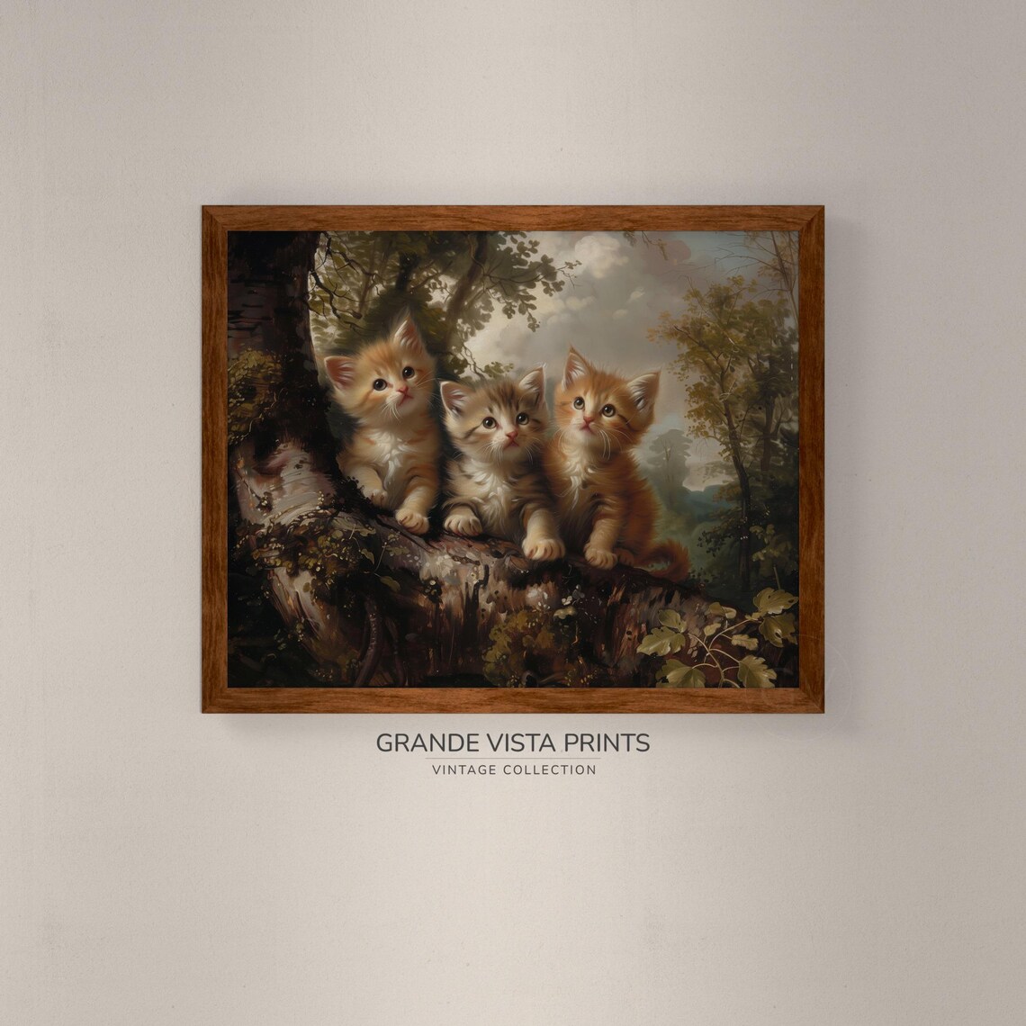 Three Kittens On Tree Branch Vintage Cute Cat Painting Animal Wall Art Poster - Image 4