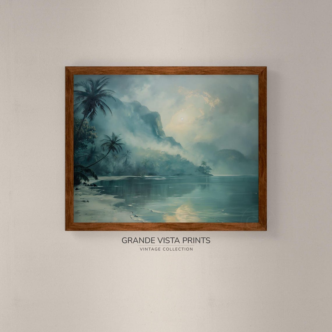 Misty Tropical Lagoon Palm Trees Cliffs Golden Light Coastal Poster - Image 4