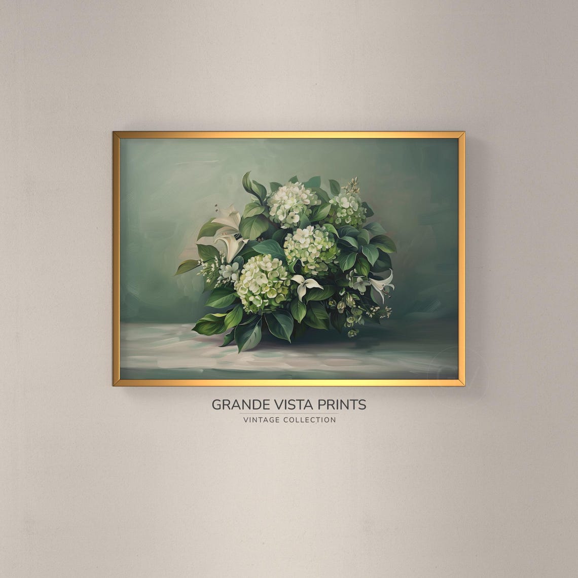 White Hydrangeas White Lilies Green Leaves Sage Vintage Floral Poster