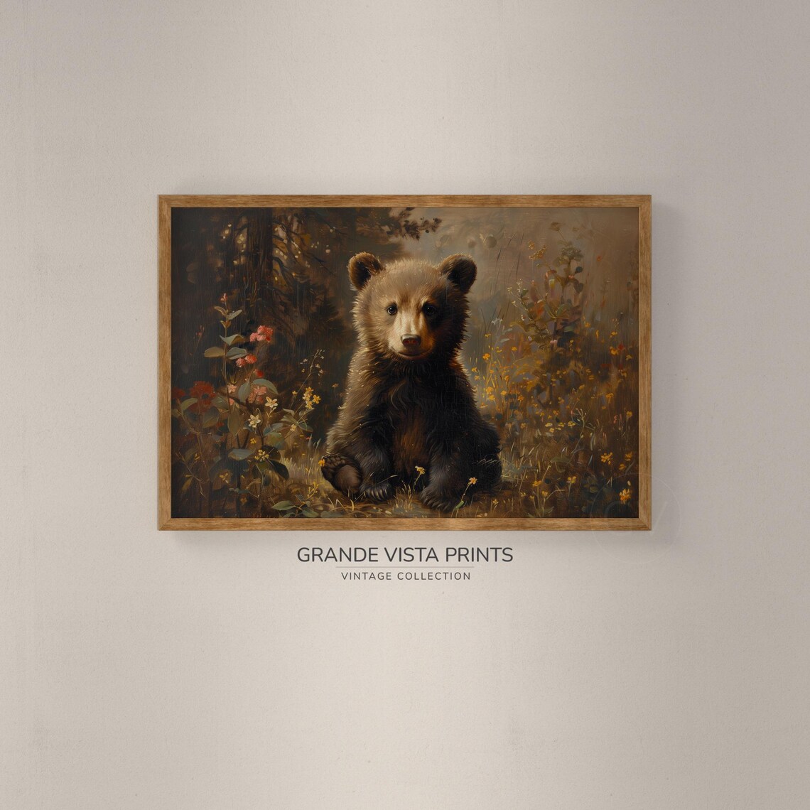 Brown Bear Cub Wildflower Portrait Vintage Wildlife Wall Poster - Image 2