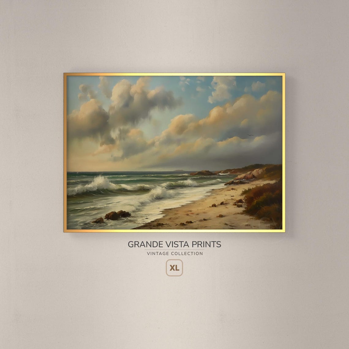 Sandy Beach Sunrise Rolling Waves Golden Clouds Vintage Coastal Poster