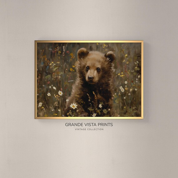 Brown Bear Cub Daisy Meadow Vintage Wildlife Wall Art Poster