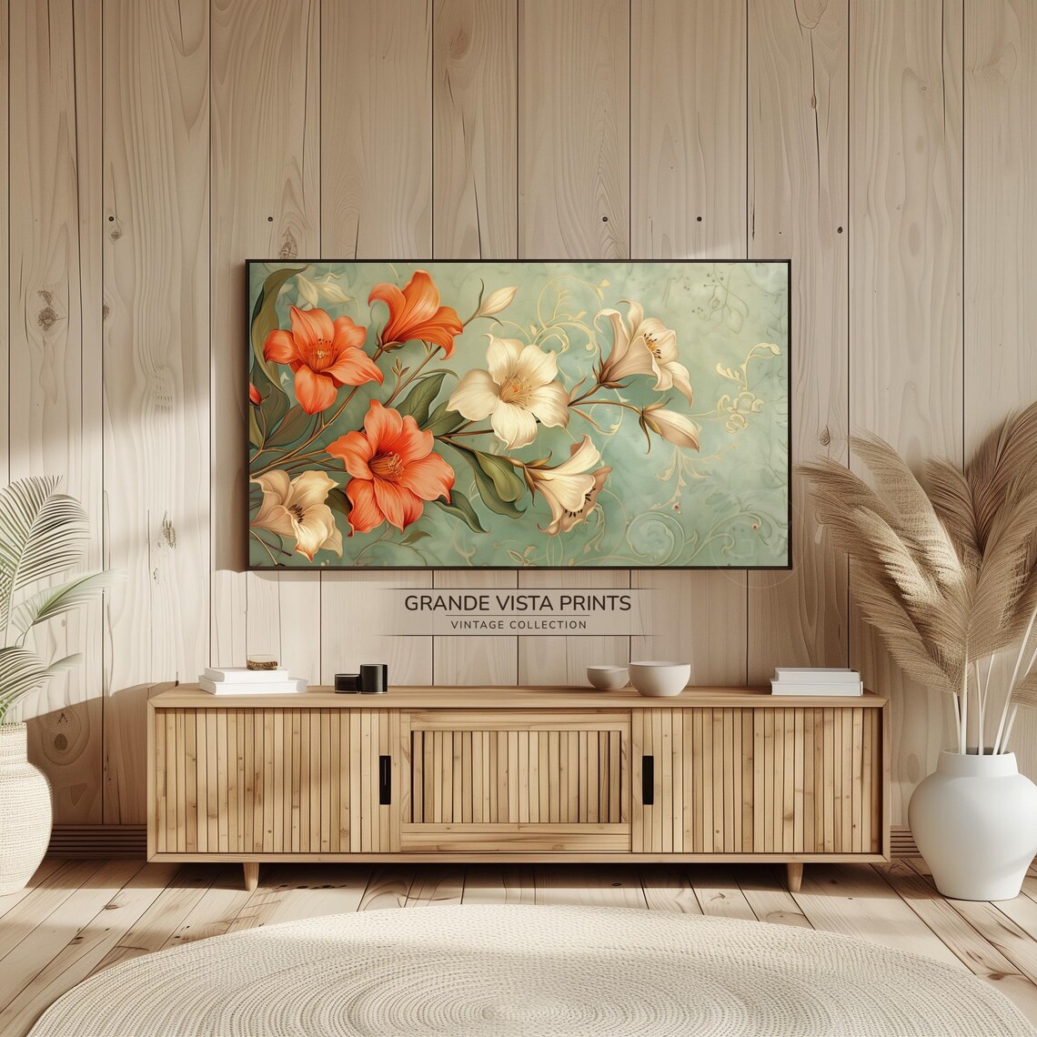 Coral Cream Trumpet Lilies on Sage Green Nouveau Floral Wall Art Print - Image 2