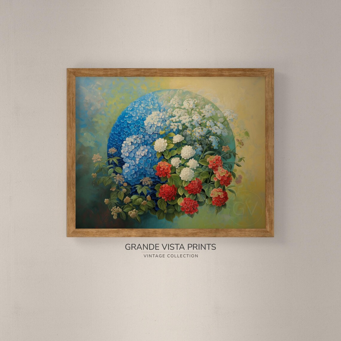 Blue Hydrangea Half Moon Red White Blooms Teal Medallion Floral Poster - Image 4