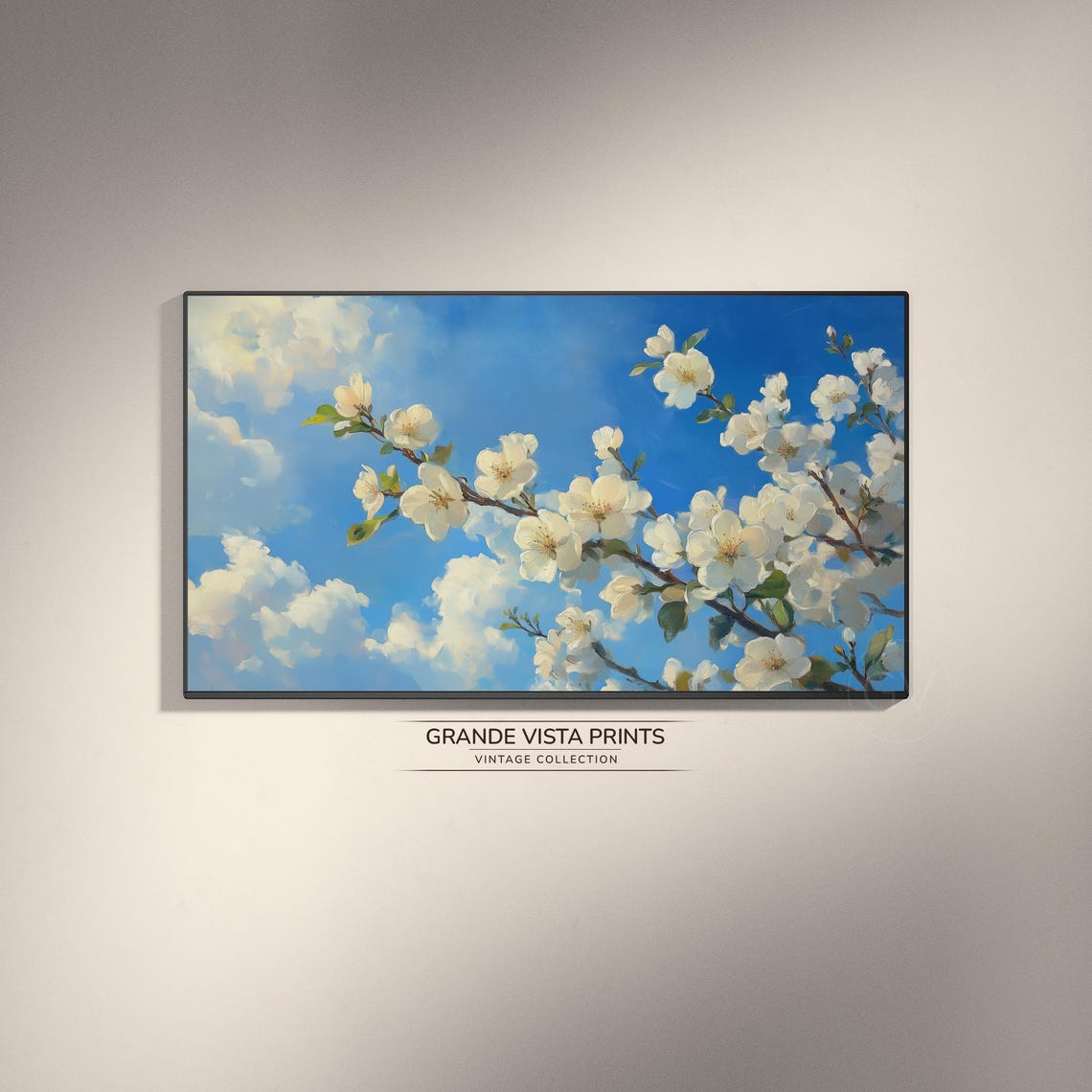 White Cherry Blossoms Against Bright Blue Sky Clouds Spring Wall Art