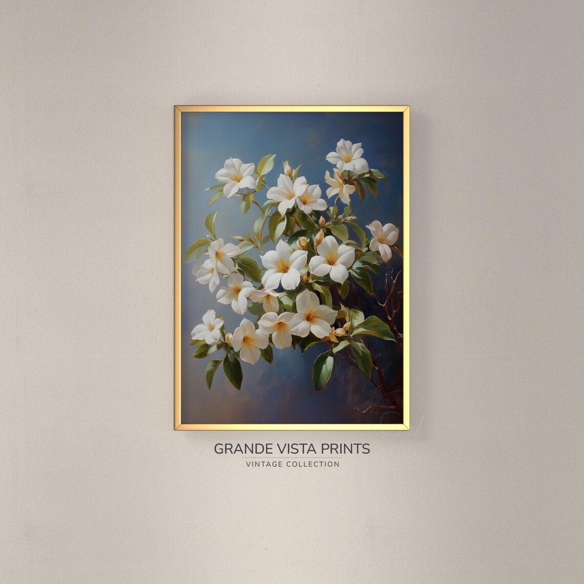 White Jasmine Blossoms Dusty Blue Background Floral Branch Wall Art