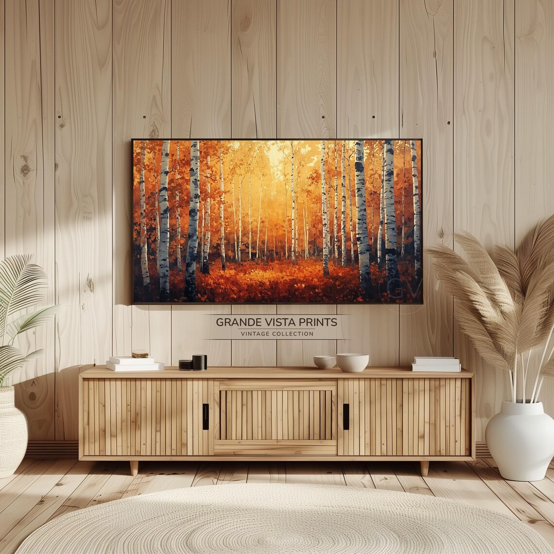 Glowing Orange Birch Grove Fiery Autumn Leaves Vintage Wall Art - Image 2
