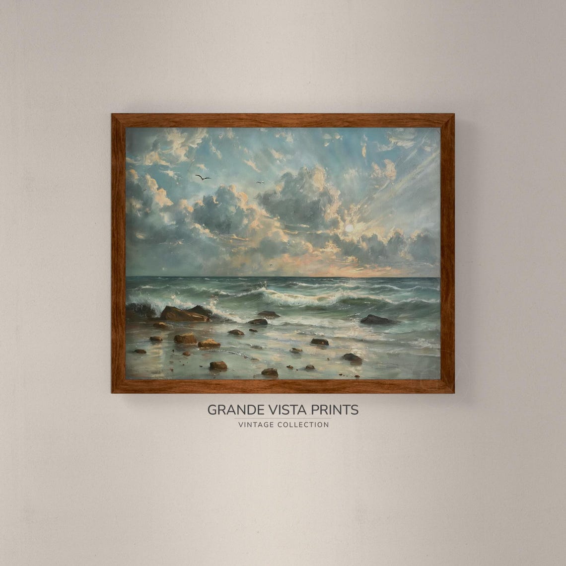 Rocky Beach Sunrise Waves Dramatic Sky Vintage Coastal Art Poster - Image 4