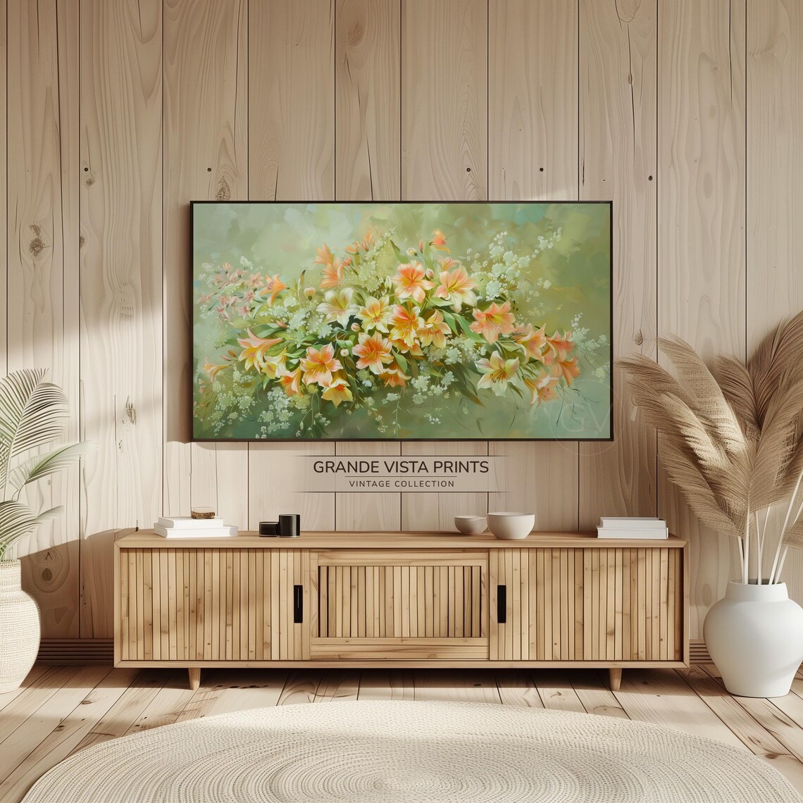 Peach Lily Blossom Still Life Wildflower Green Vintage Painting Poster - Image 2