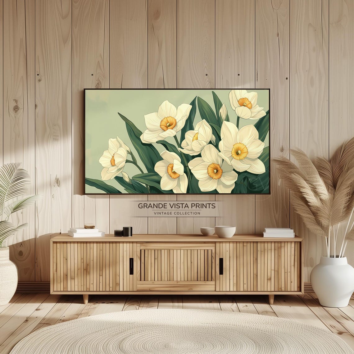 White Daffodil Blossoms Orange Cups Sage Green Botanical Wall Poster - Image 2