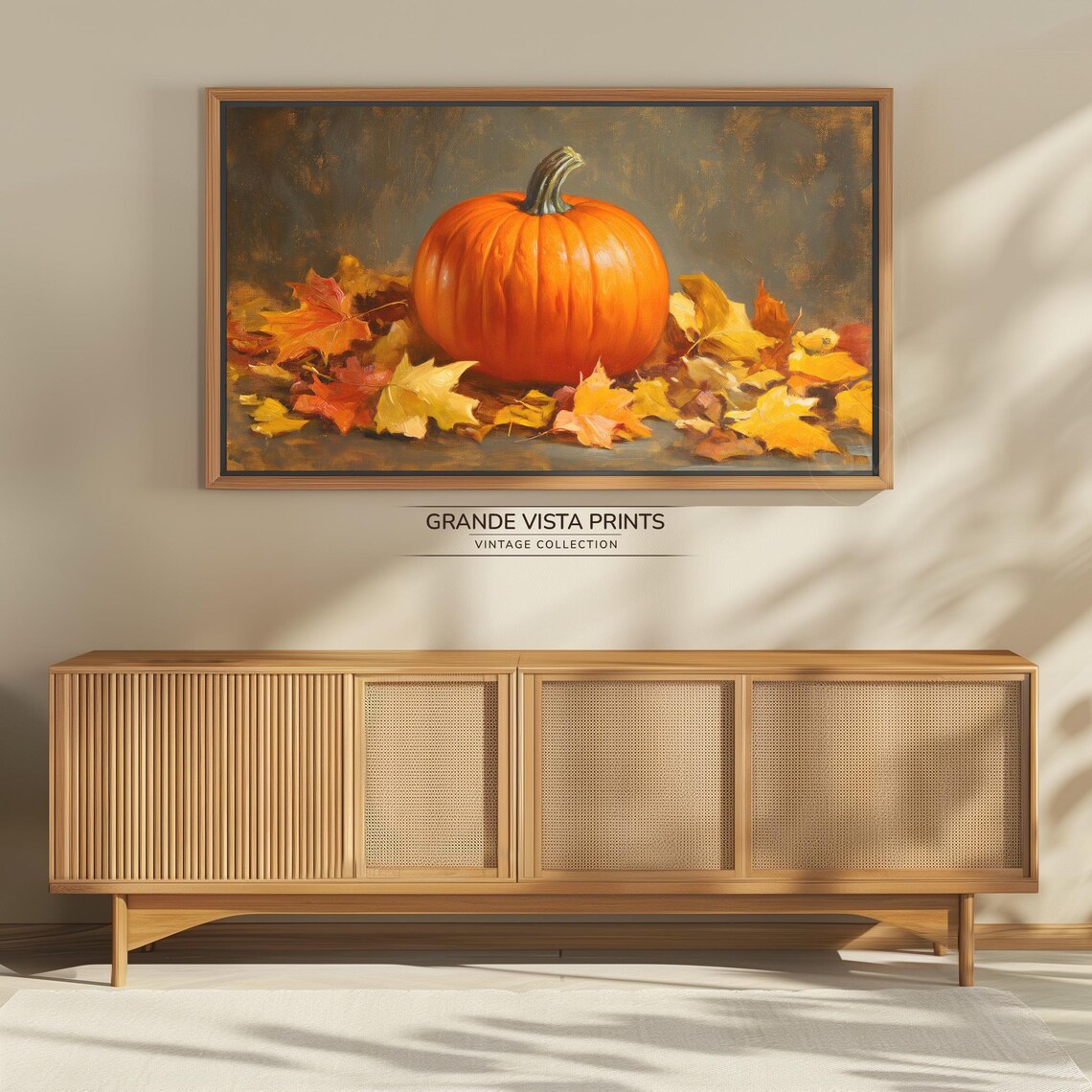 Single Orange Pumpkin Golden Autumn Leaves Dark Vintage Fall Art Poster - Image 4