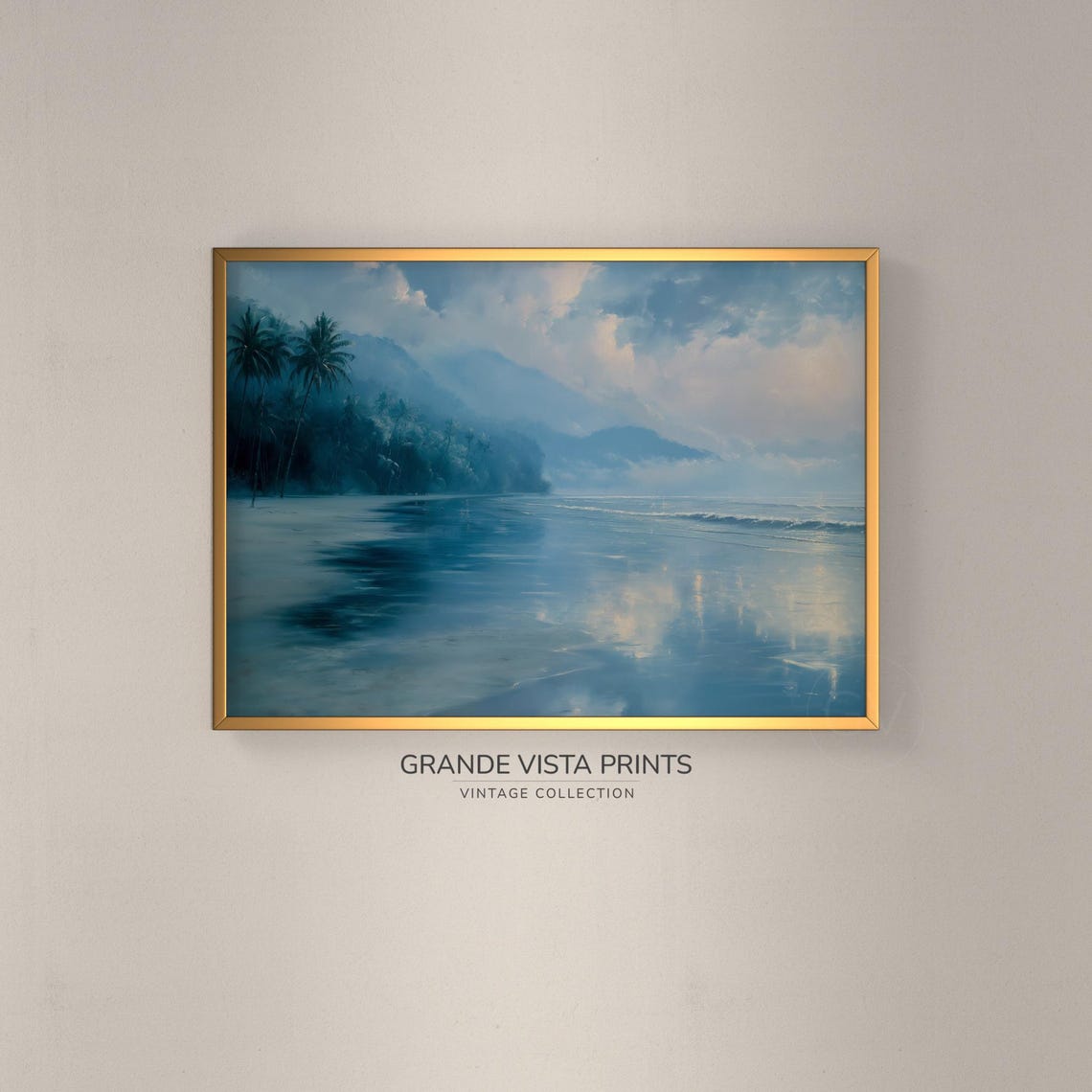 Blue Tropical Beach Palms Mountain Mirror Water Serene Travel Poster