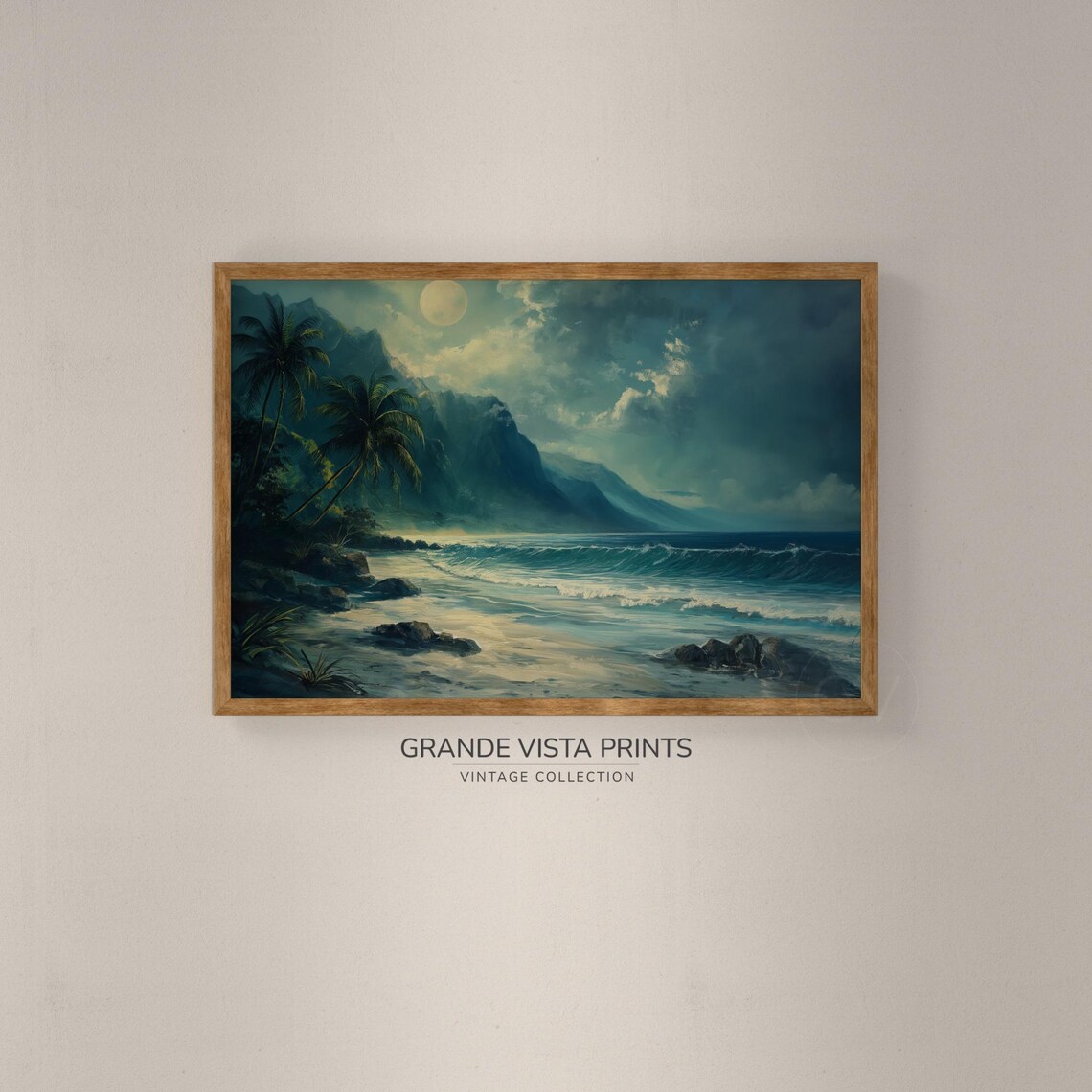 Tropical Night Coast Full Moon Palms Surf Mountain Travel Poster - Image 2