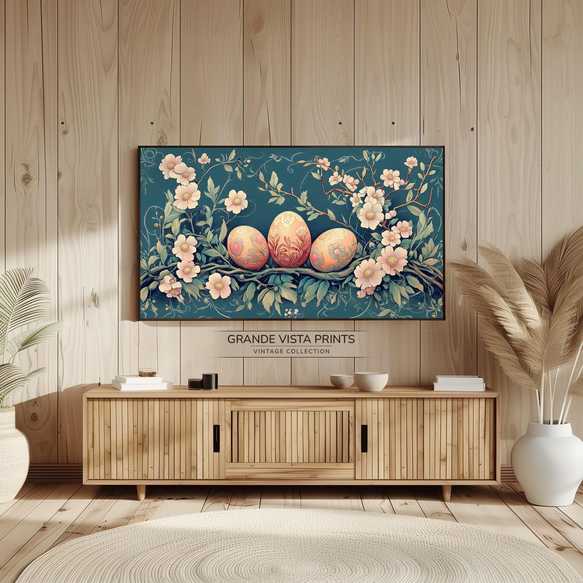 Three Ornate Painted Easter Eggs Blossom Branch Teal Botanical Poster - Image 2