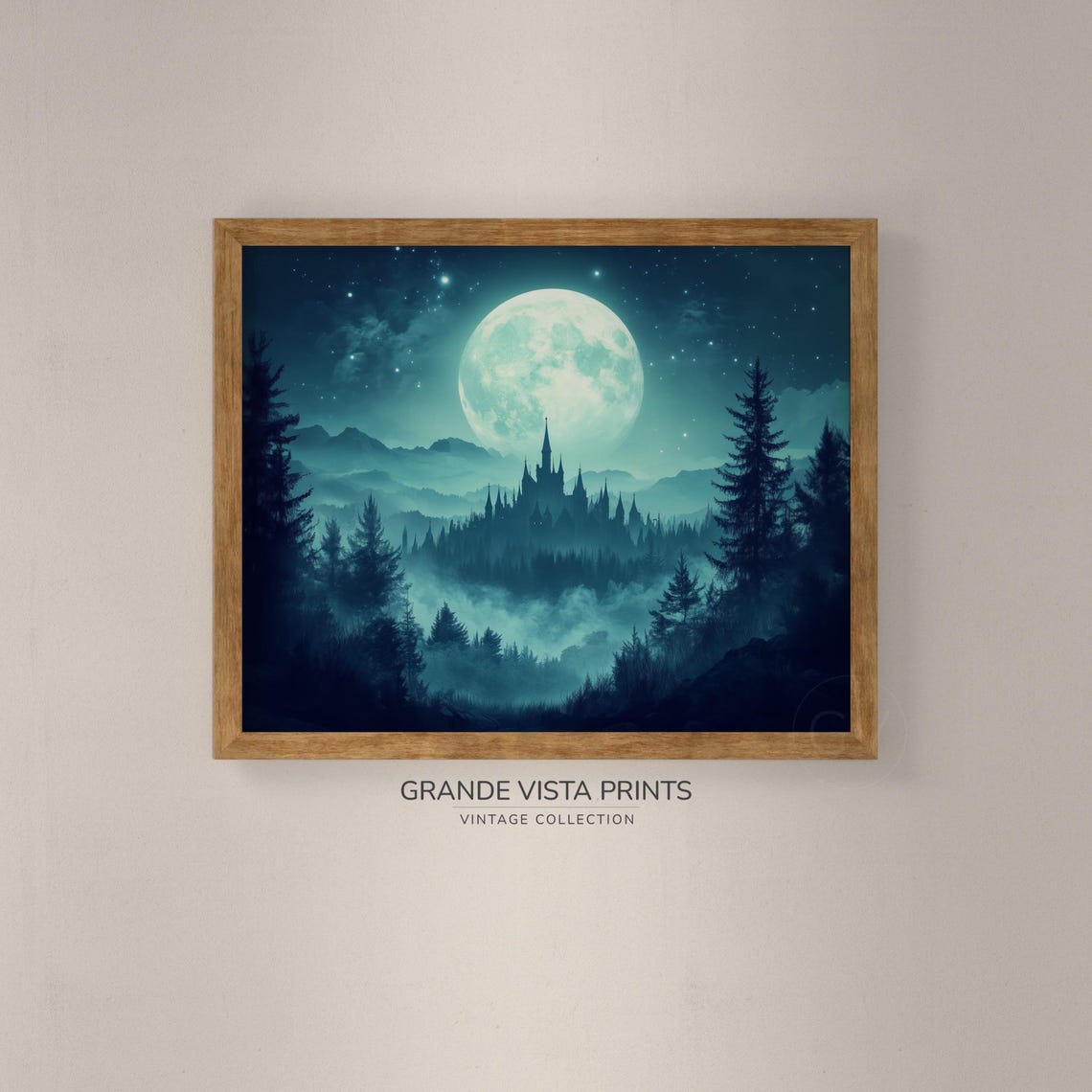 Full Moon Over Misty Castle Valley Dark Pine Forest Night Sky Poster - Image 4