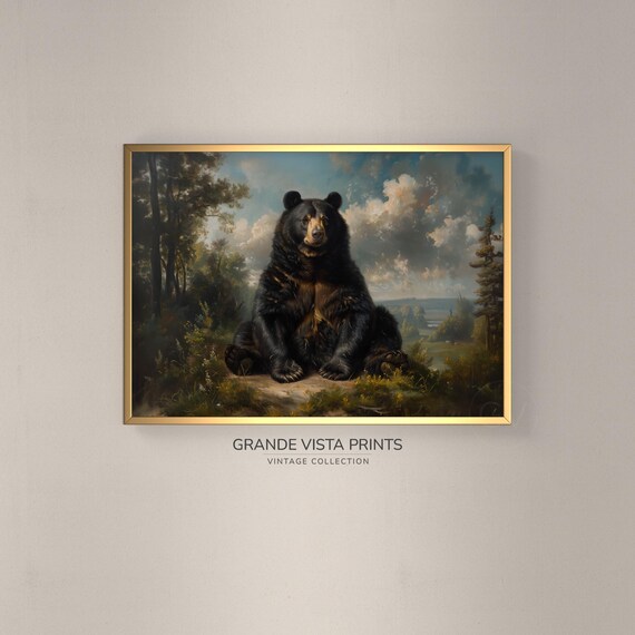 Black Bear Sitting Upright Forest Clearing Vintage Wildlife Poster