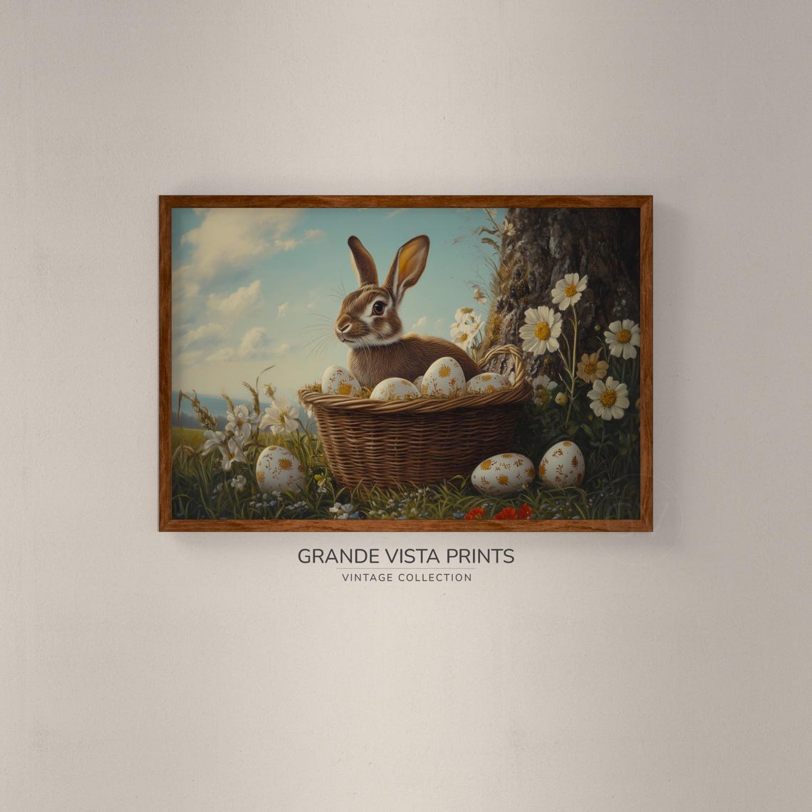 Brown Rabbit Easter Basket Painted Eggs Daisies Vintage Art Print - Image 2