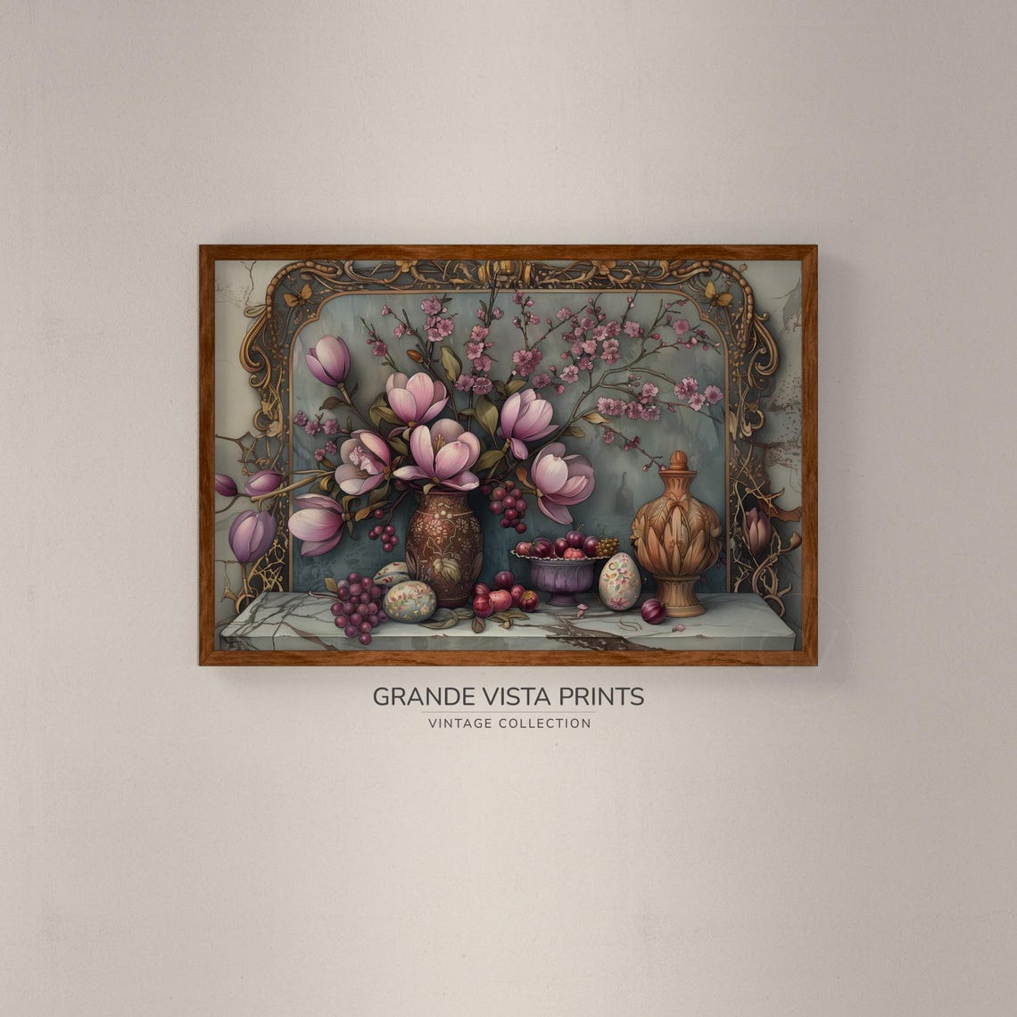 Pink Magnolia Easter Still Life with Painted Eggs Plums Vintage Print - Image 2