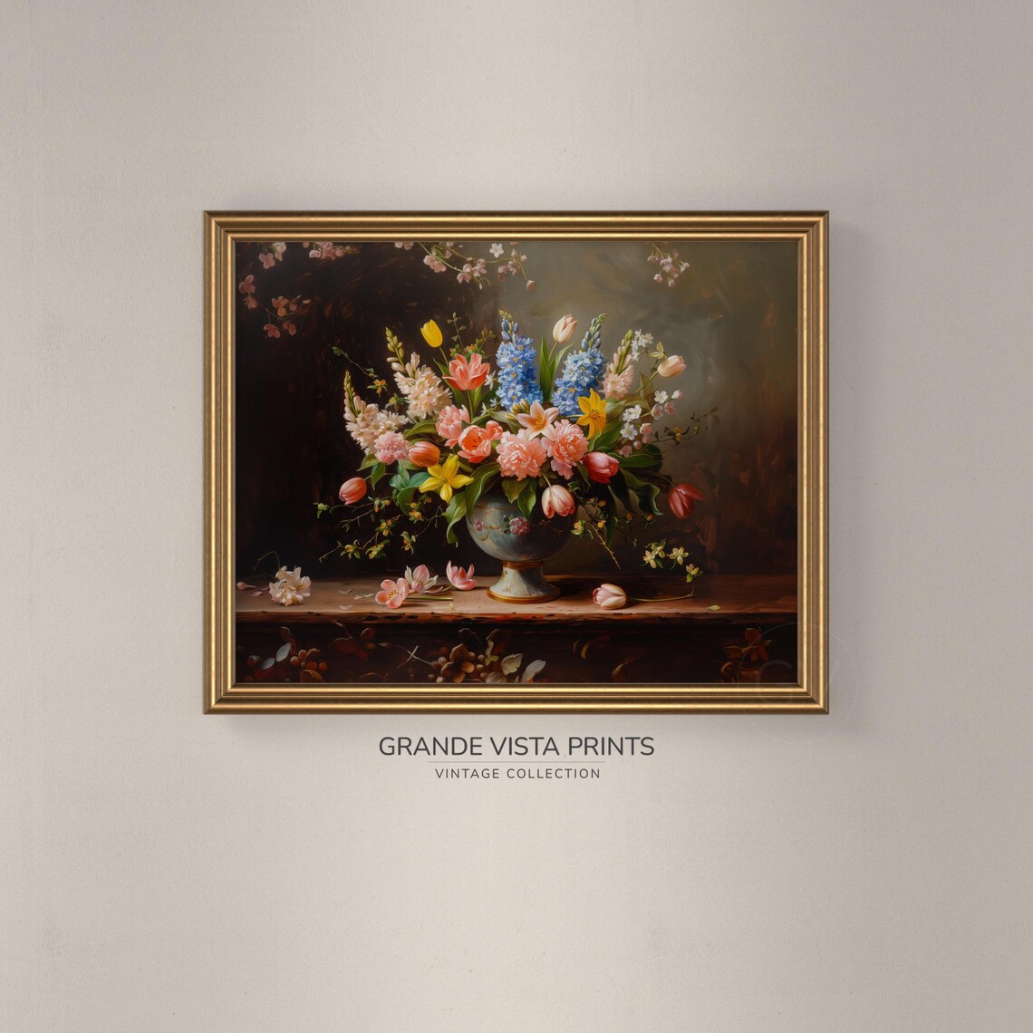 Tulip Blue Hyacinth Bouquet in Vase Vintage Still Life Art Print - Image 3