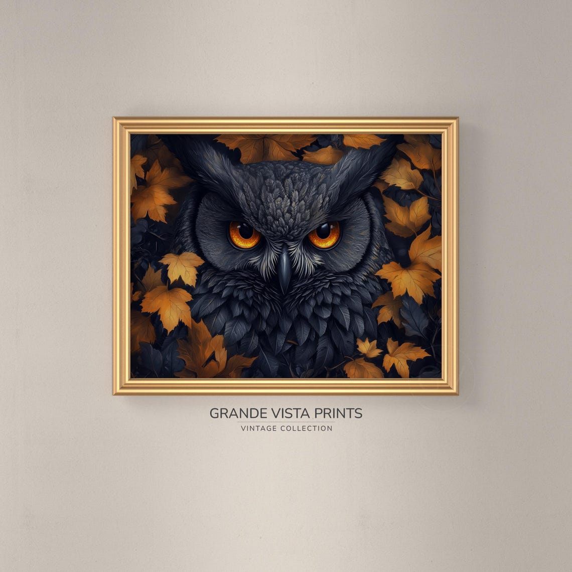 Black Owl With Amber Eyes Among Golden Autumn Maple Leaves Art Poster - Image 3