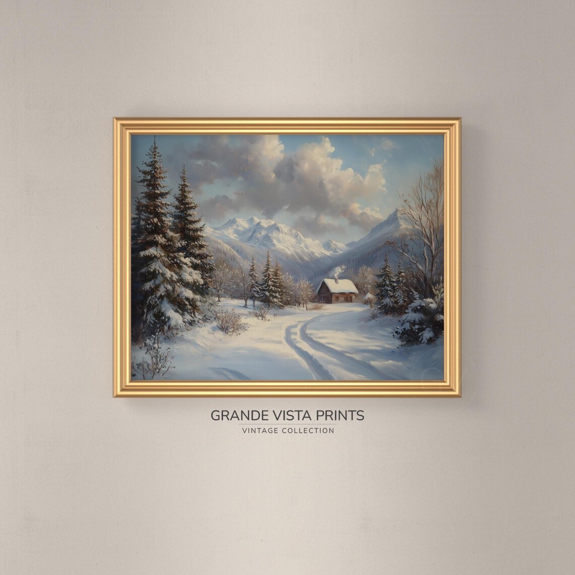 Cozy Winter Cabin Smoky Chimney Snowy Woods Mountain Landscape Poster - Image 3