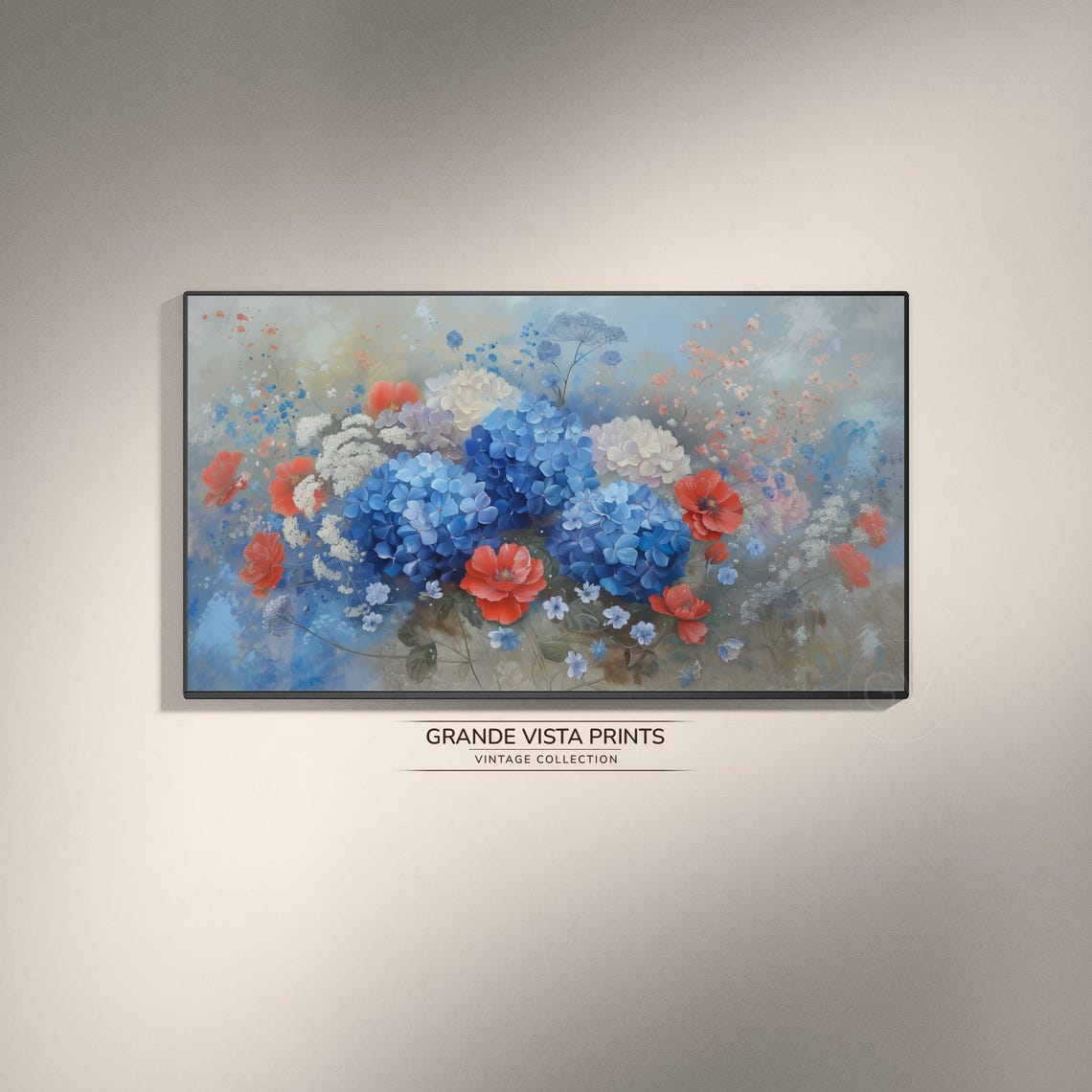 Blue Hydrangea Red Poppy Floral Still Life Patriotic Painting Poster