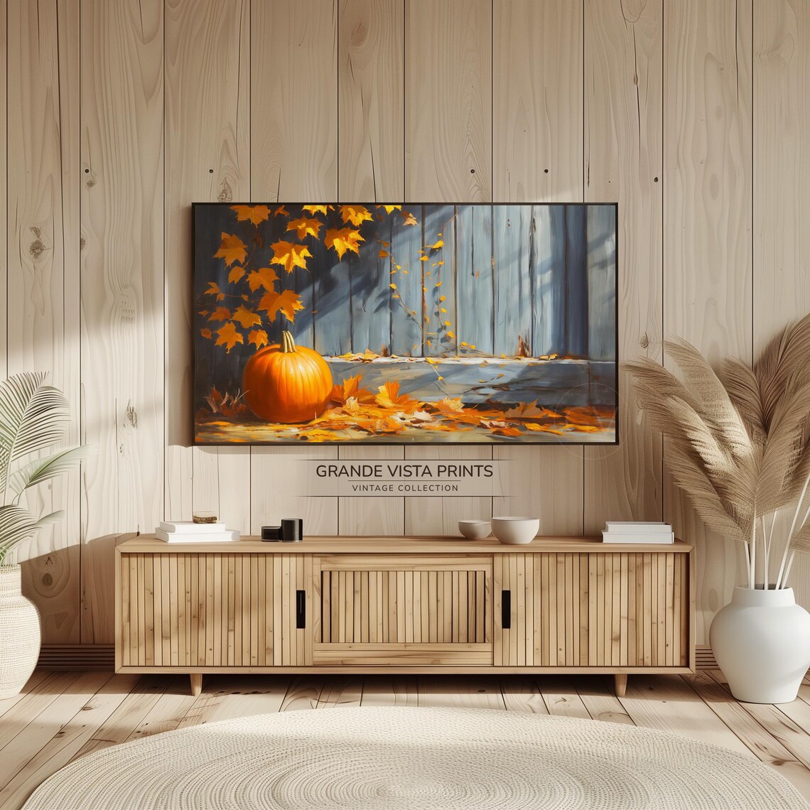 Orange Pumpkin Barn Wall Golden Maple Leaves Fall Harvest Vintage Art Poster - Image 2
