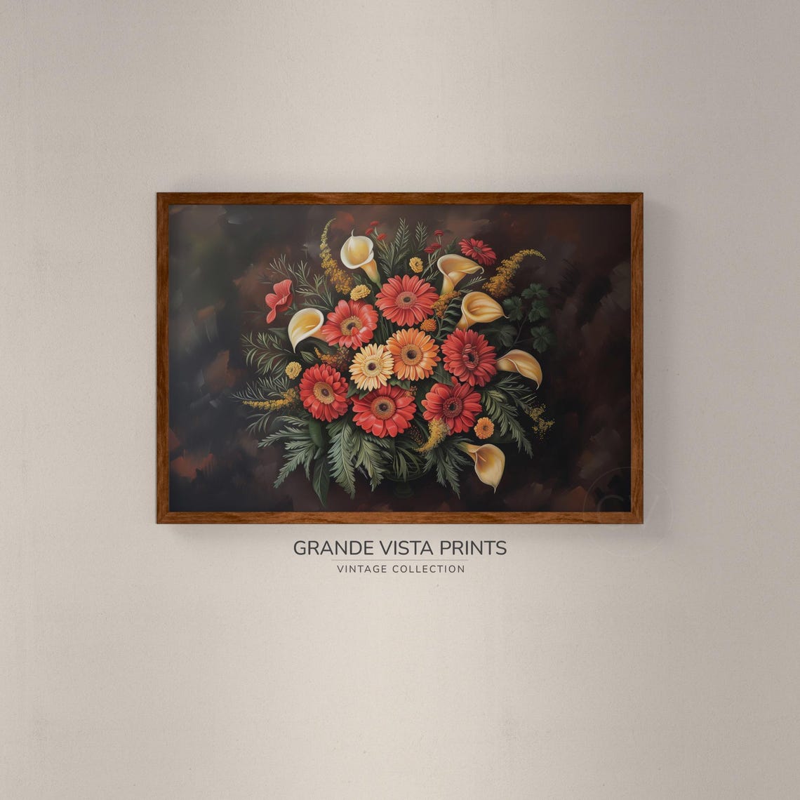 Dark Moody Red Daisy Bouquet Calla Lilies Black Background Wall Art - Image 2