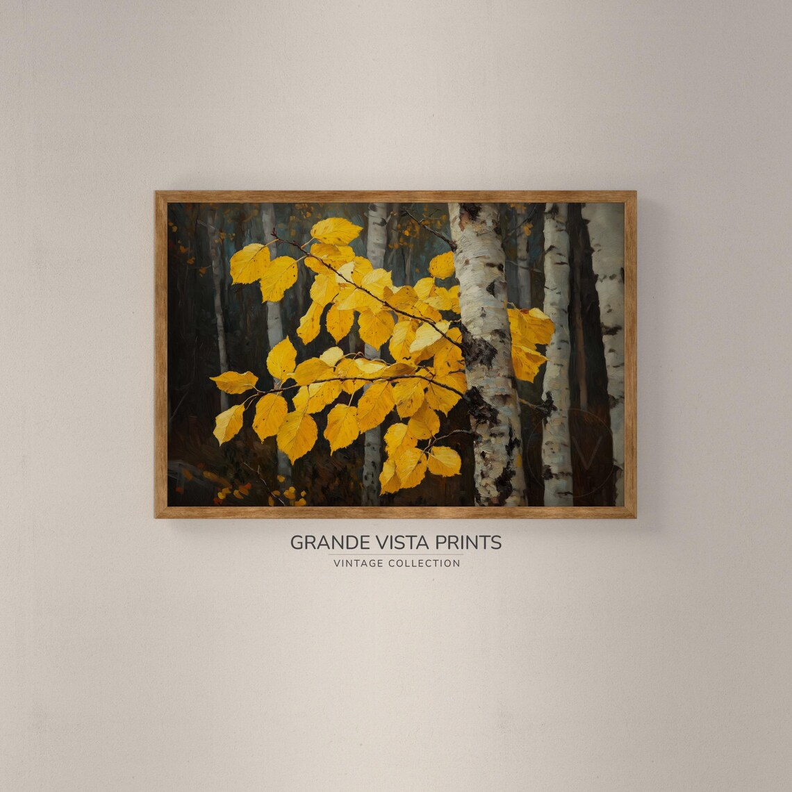Golden Aspen Leaves Birch Trunk Close Up Fall Foliage Painting Poster - Image 2