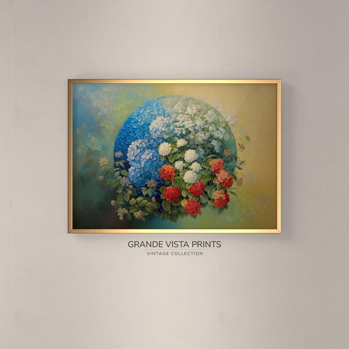 Blue Hydrangea Half Moon Red White Blooms Teal Medallion Floral Poster