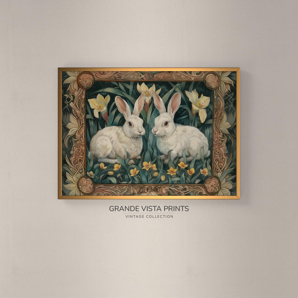 Two White Rabbits Among Yellow Lilies Nouveau Border Easter Wall Print