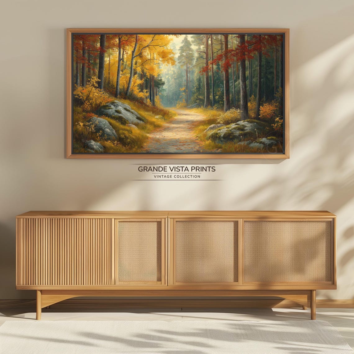 Sunlit Autumn Forest Trail Tall Trees Golden Light Misty Woods Poster - Image 4