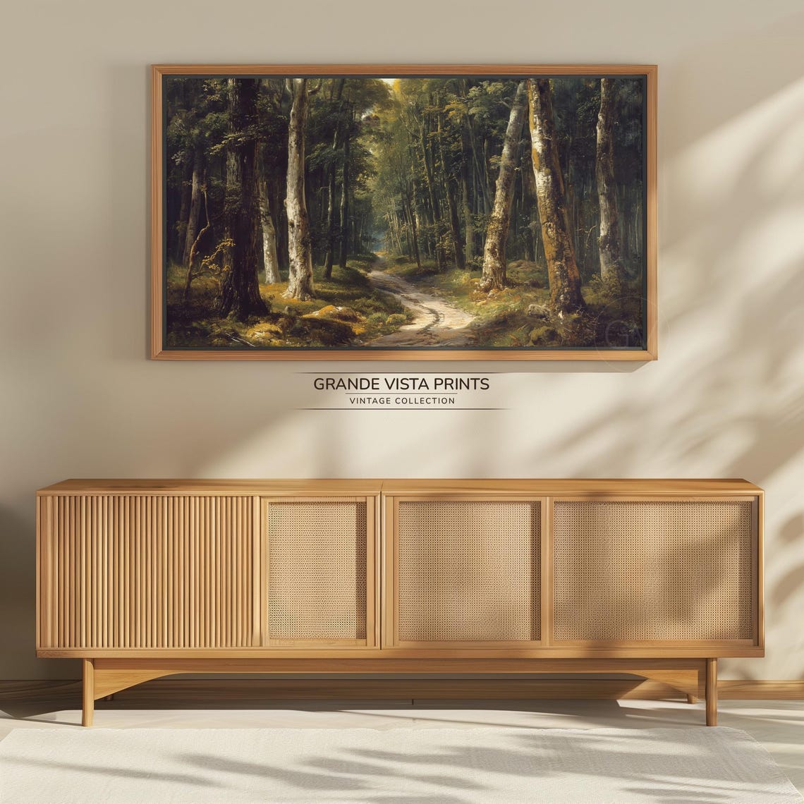 Birch Forest Path Dappled Sunlight Deep Woods Vintage Painting Poster - Image 4