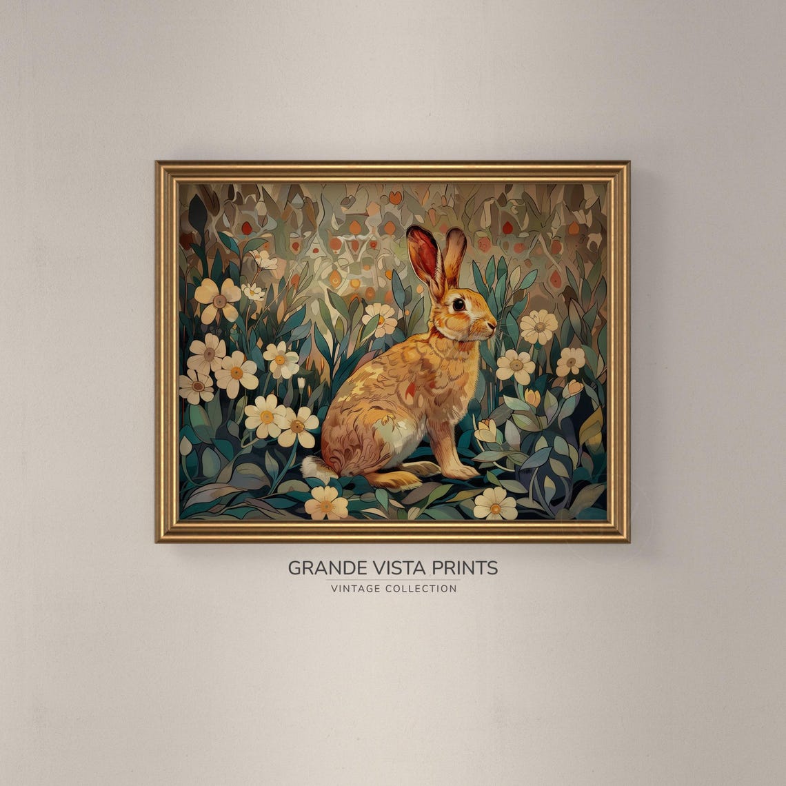 Amber Rabbit in White Daisy Meadow Art Nouveau Style Easter Wall Art - Image 3