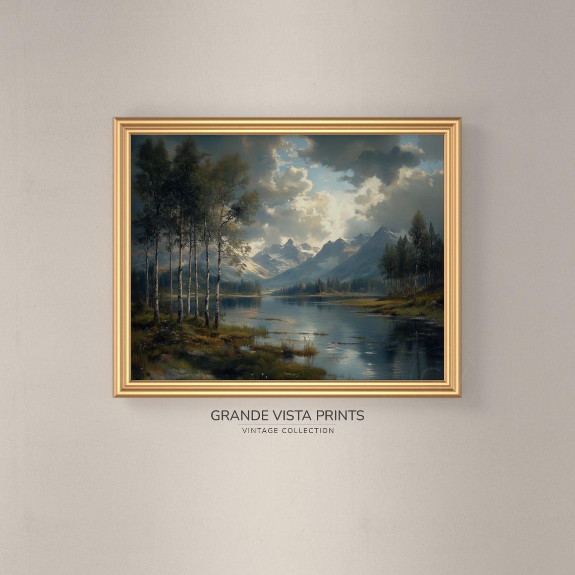 Moody Mountain Lake Birch Trees Snow Peaks Dramatic Sky Poster - Image 3