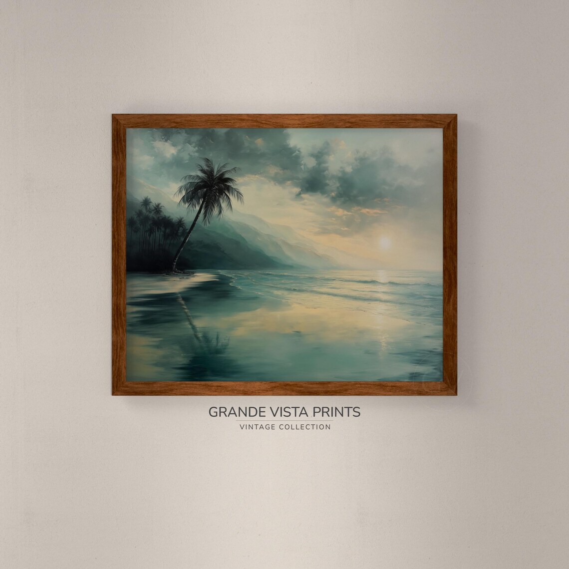 Tropical Palm Beach Misty Mountain Sunrise Teal Coast Travel Poster - Image 4