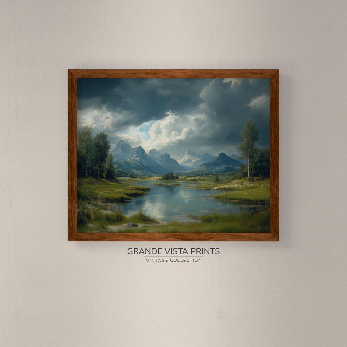 Mountain Lake Valley Dramatic Clouds Green Meadow Vintage Poster - Image 4