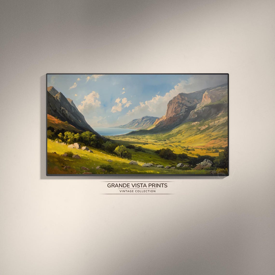 Sunlit Coastal Valley Between Mountains Sea View Golden Poster
