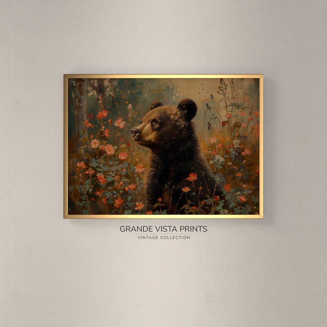 Bear Cub Red Wildflower Profile Vintage Wildlife Wall Art Poster