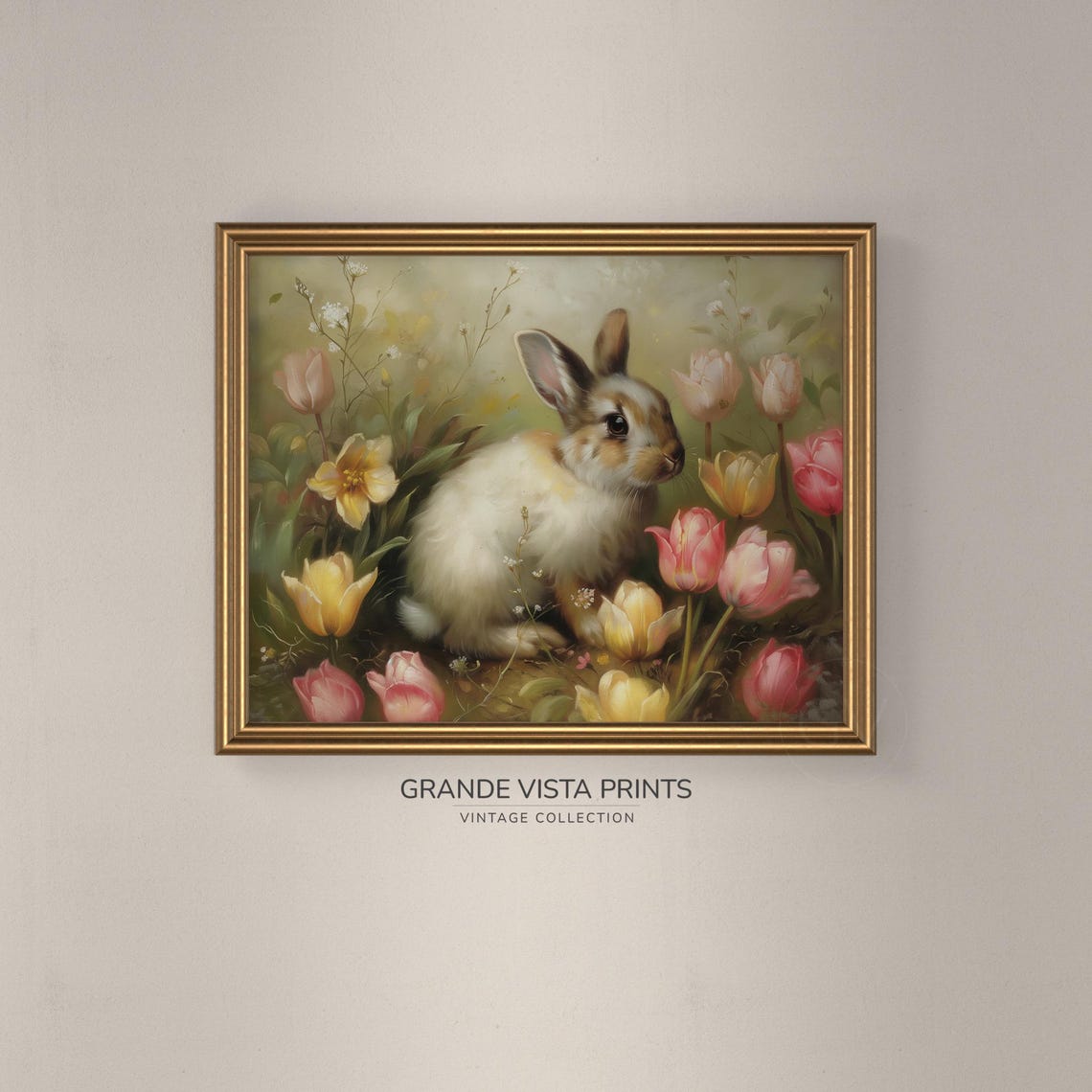 White Bunny Among Yellow Daffodils Pink Tulips Spring Easter Print - Image 3