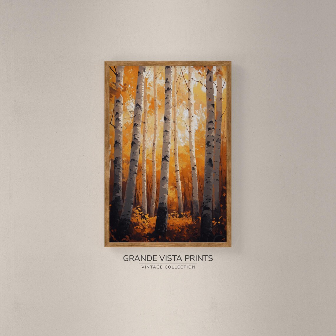Orange Canopy Birch Trunks Dark Warm Autumn Vintage Poster Art - Image 2