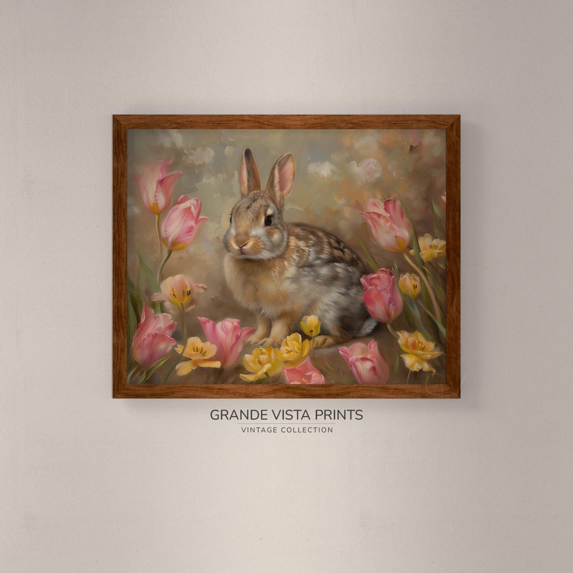 Brown Rabbit Among Pink Tulips and Daffodils Vintage Easter Wall Art - Image 4