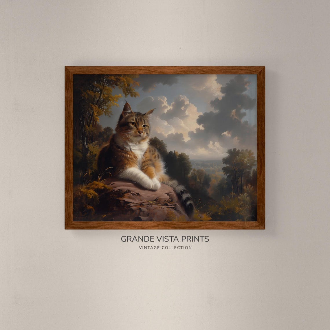 Fluffy Long Haired Tabby Cat Resting on Rocks Vintage Portrait Poster - Image 4