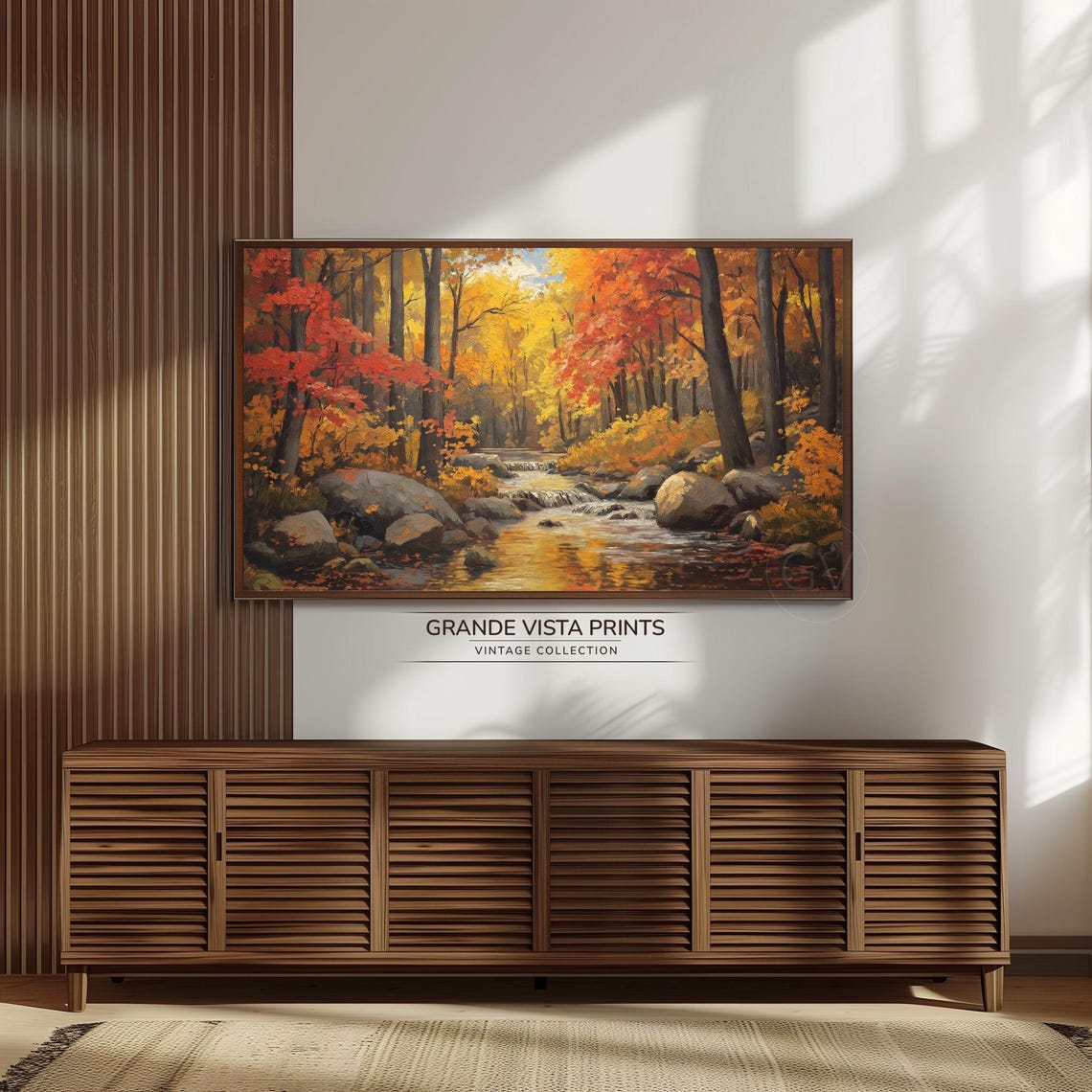 Rocky Autumn Stream Red Orange Forest Fall Landscape Painting Poster - Image 3