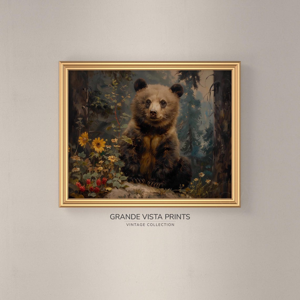 Brown Bear Cub Daisy Forest Vintage Wildlife Portrait Wall Poster - Image 3