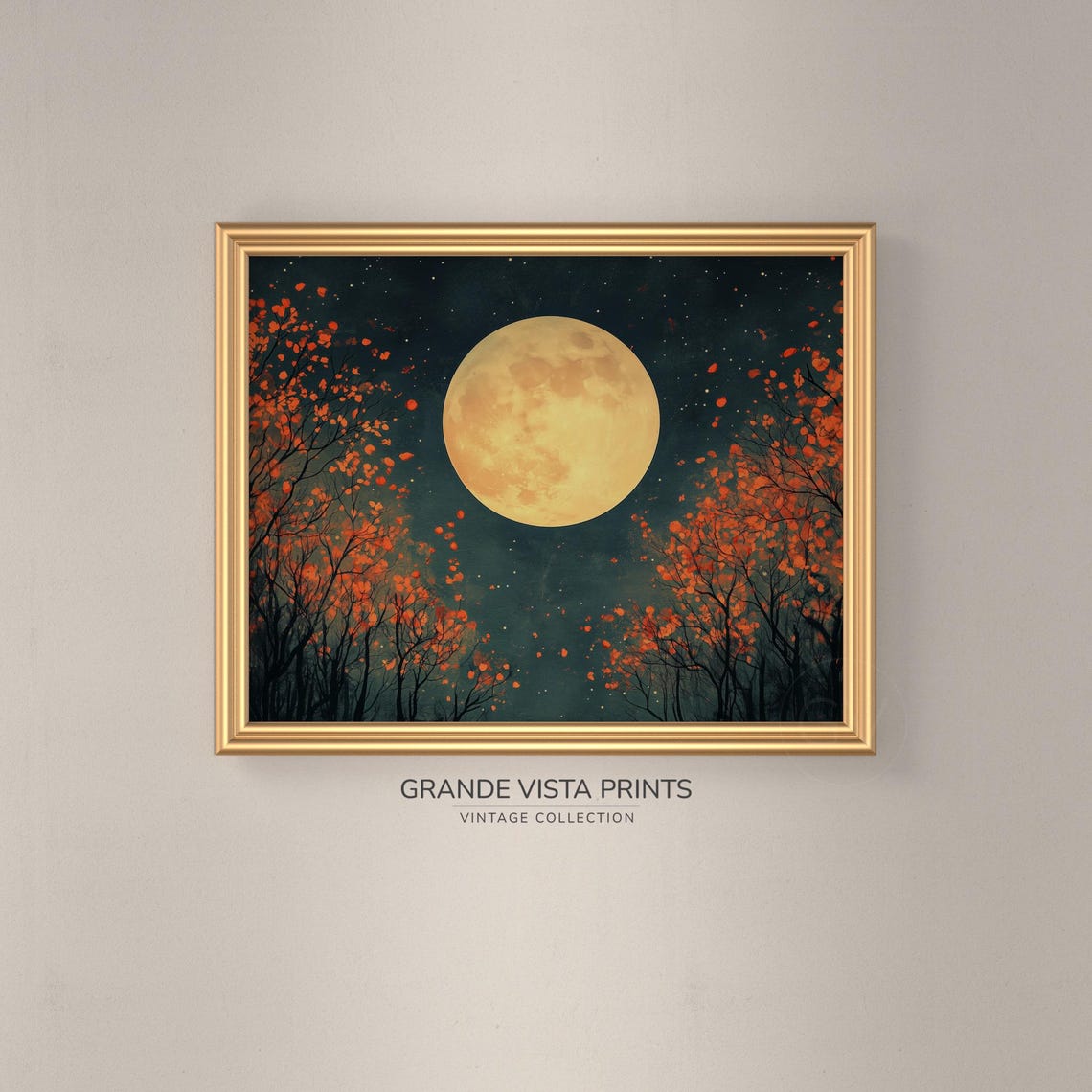 Harvest Moon Glowing Over Autumn Trees Starry Fall Night Sky Poster - Image 3