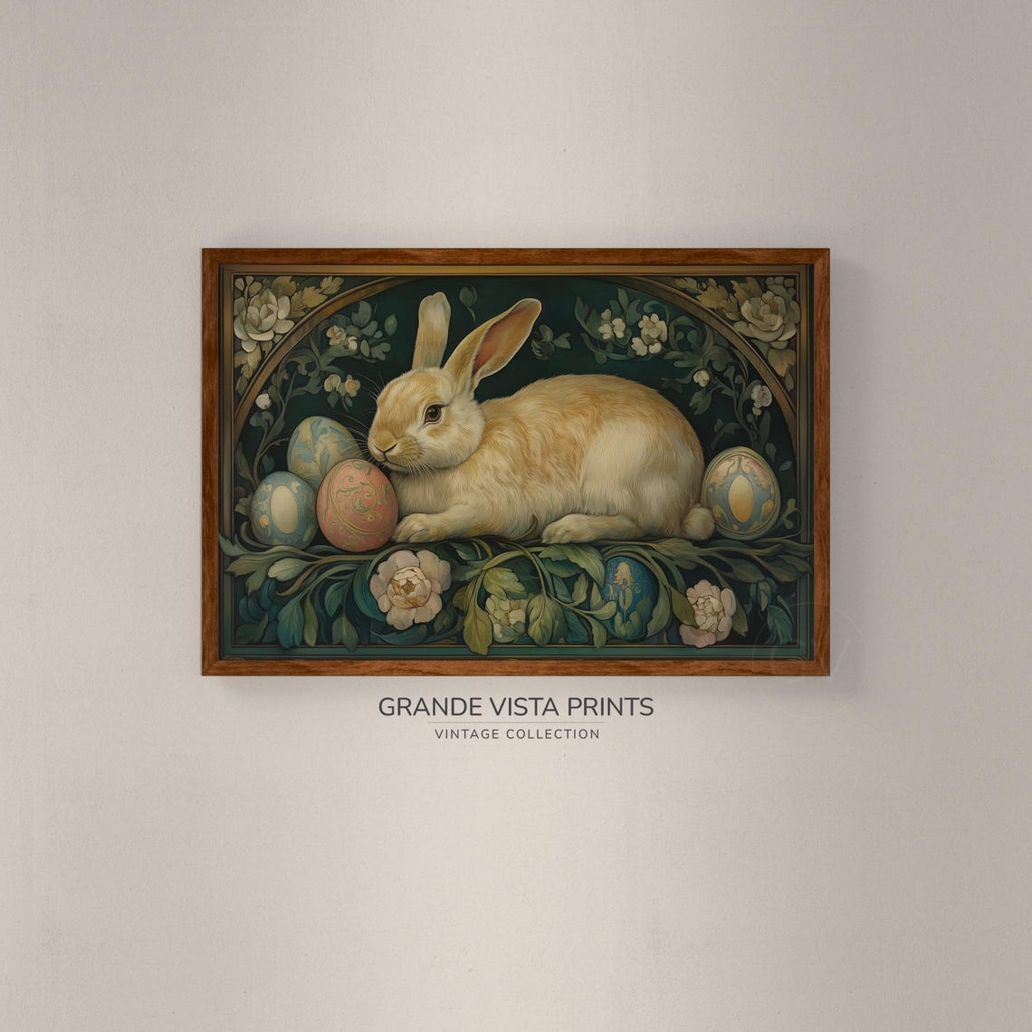 Cream Rabbit Ornate Floral Border Painted Easter Eggs Vintage Poster - Image 2